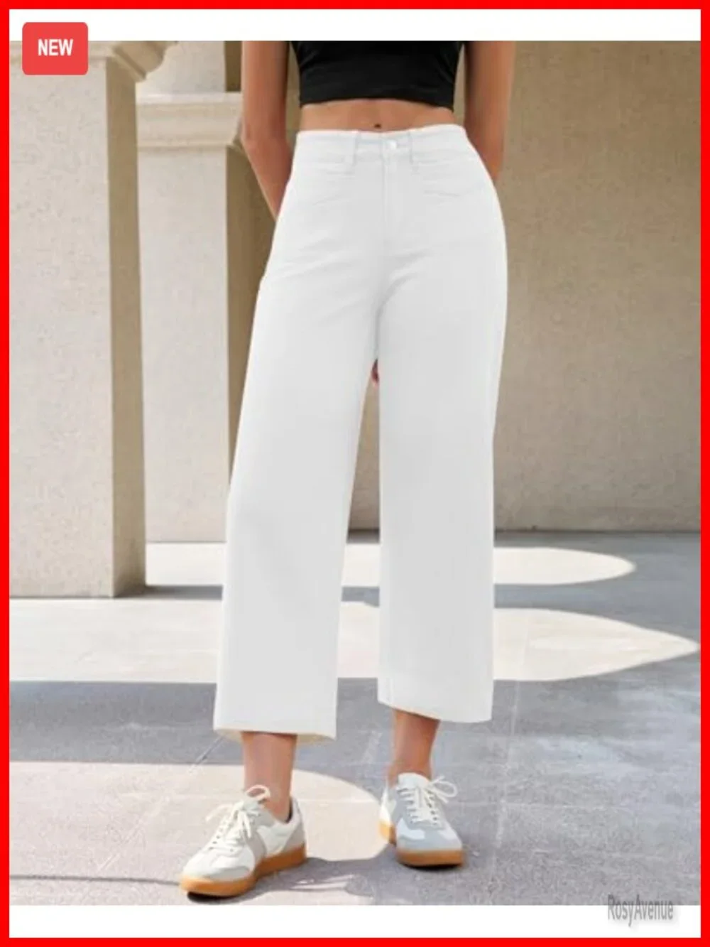 High Waisted Wide Leg Cropped Jeans Stretch Denim Patch Pocket Trouser